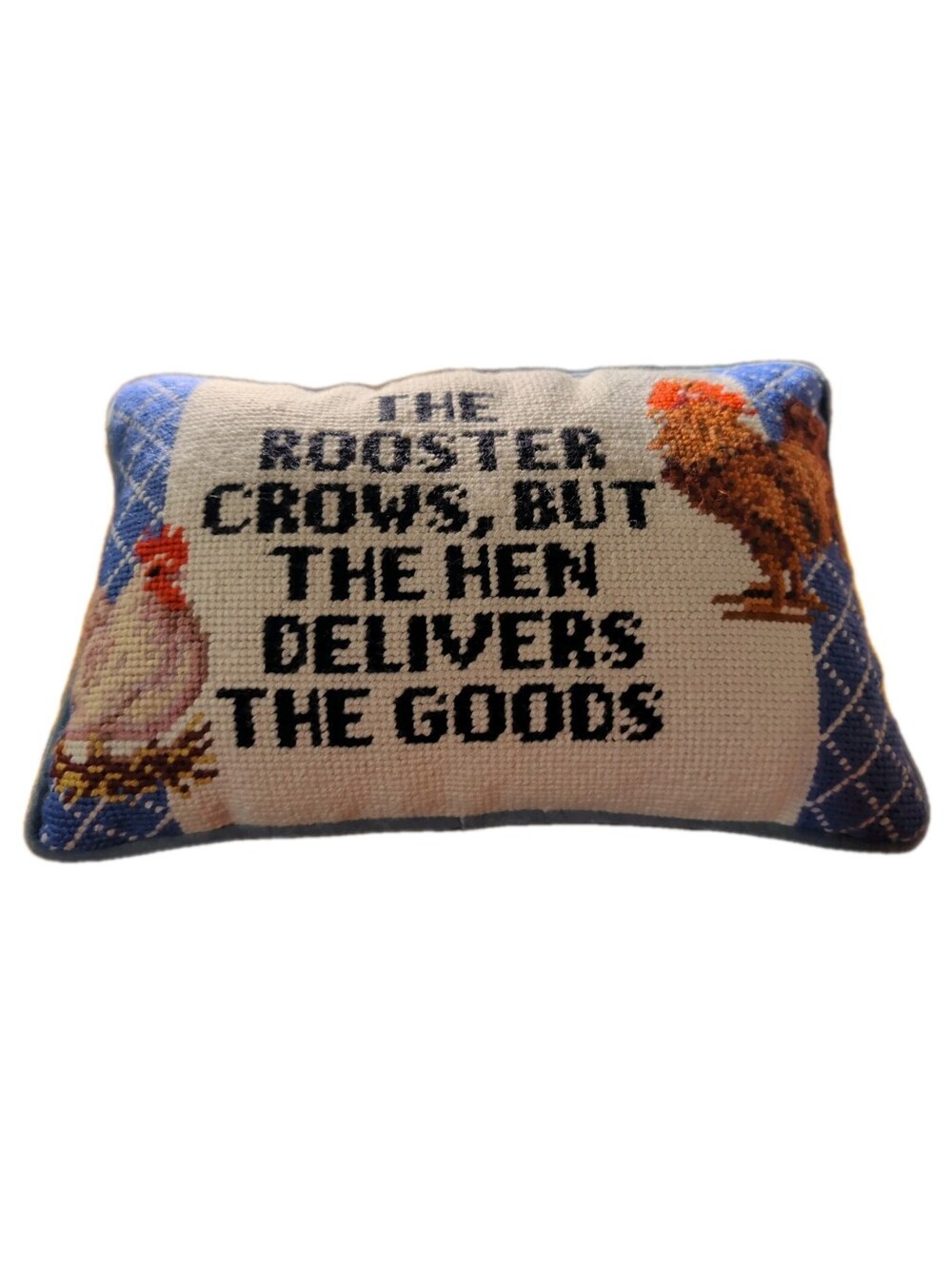 Vintage-Style Throw Pillow W/Cross Stitched Embroidery "The Rooster Crows" 12x8